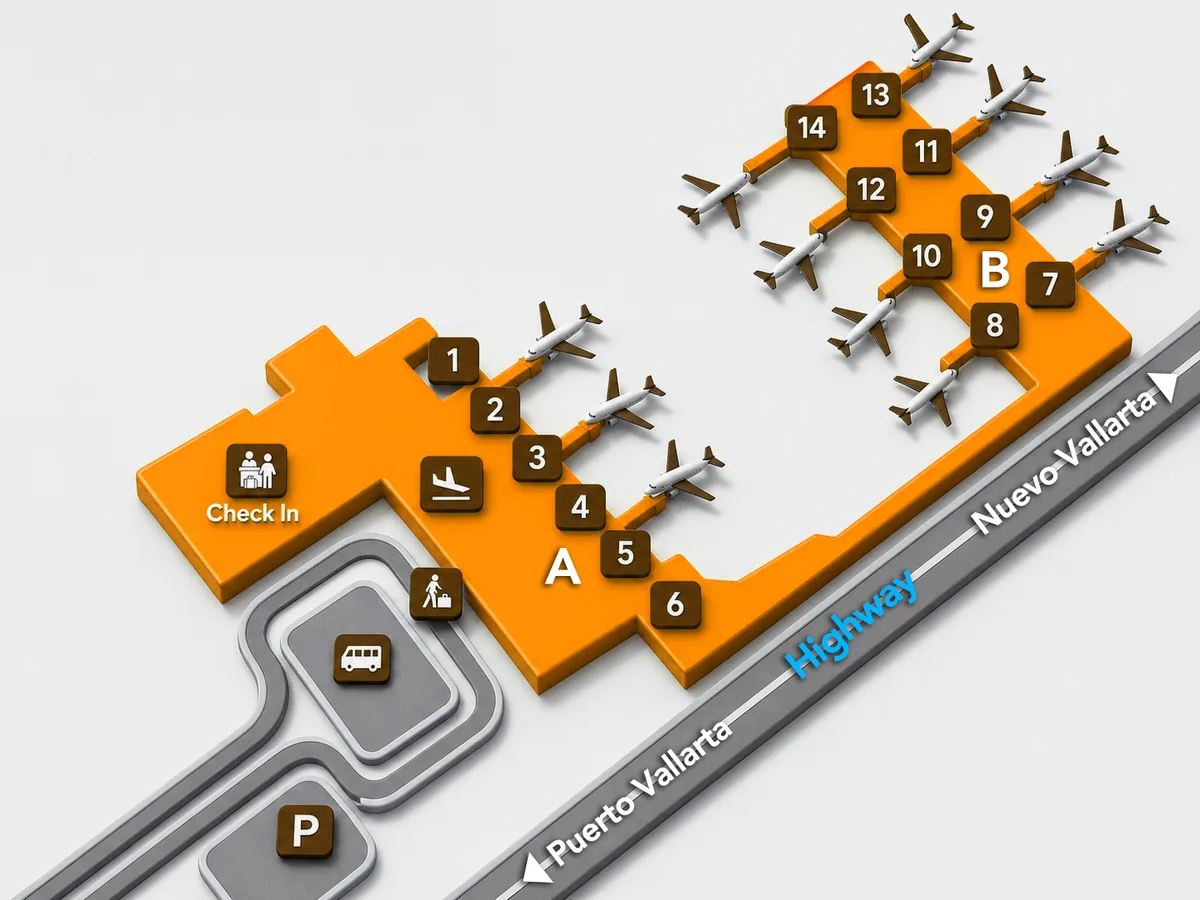 Puerto Vallarta airport terminal diagram showing arrivals, baggage, customs, lobby, and transport orientation