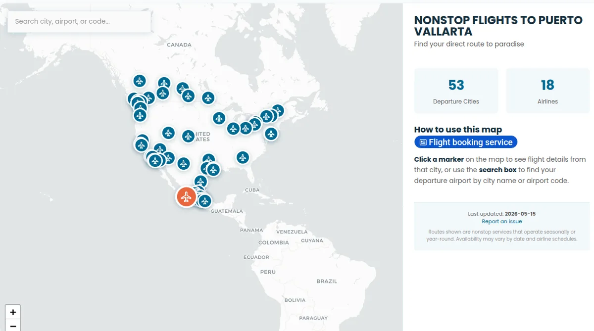 Captura del widget de vuelos directos a Puerto Vallarta con rutas sin escala, ciudades de salida y número de aerolíneas